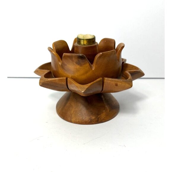 Vintage Mid-Century Monkey Pod Lotus Flower Wood Candle Holder Taper Candle Tiki - Picture 5 of 8